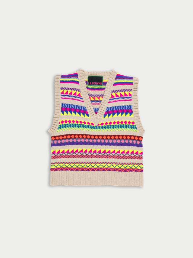 Neon Fairisle V-Neck Vest - Multi