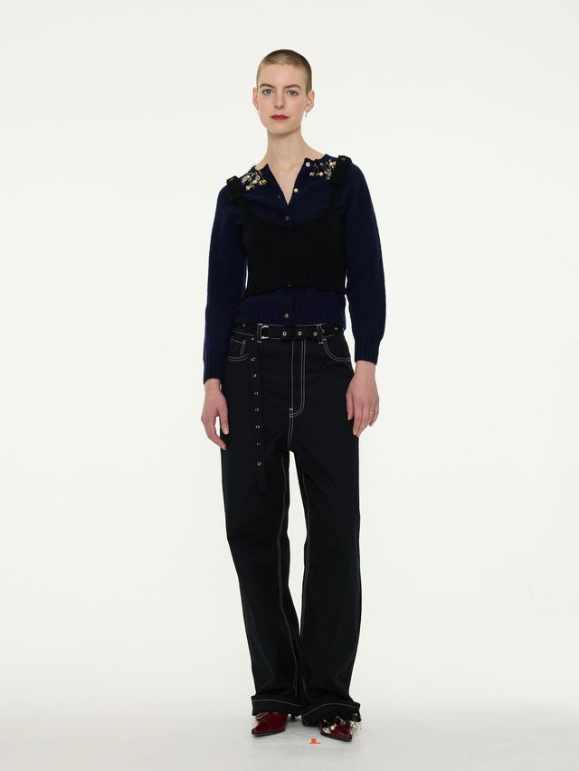 Embellished Crew Neck Cardigan - Navy