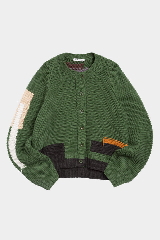 Atomic Cardigan - Green Hand Knit Colour Blocks