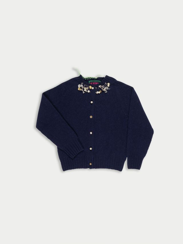 Embellished Crew Neck Cardigan - Navy