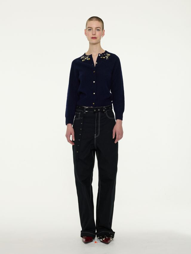Embellished Crew Neck Cardigan - Navy