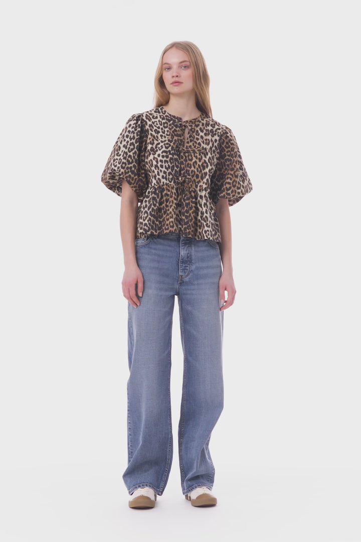 Printed Cotton Poplin Peplum Blouse - Leopard