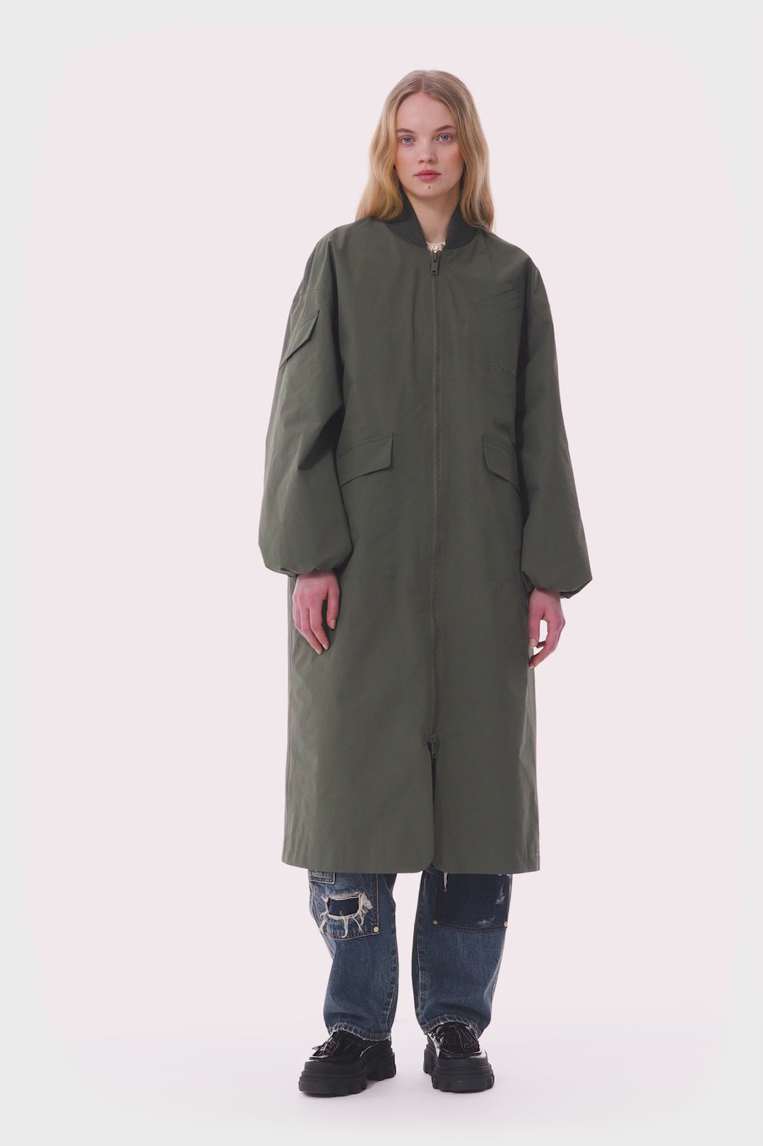 Green Tech Seersucker Oversized Shell Coat