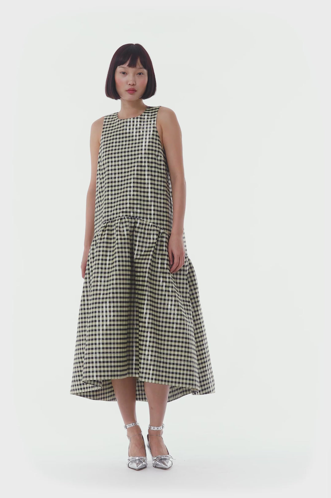 SHINY CHECK JACQUARD MIDI DRESS