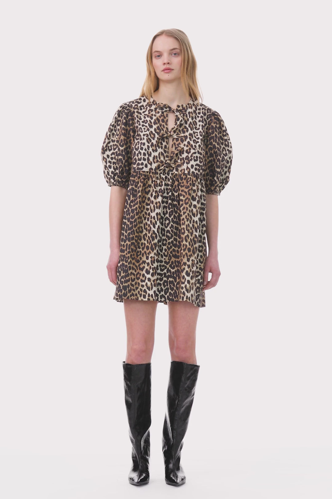 Printed Cotton Tie String Mini Dress - Leopard