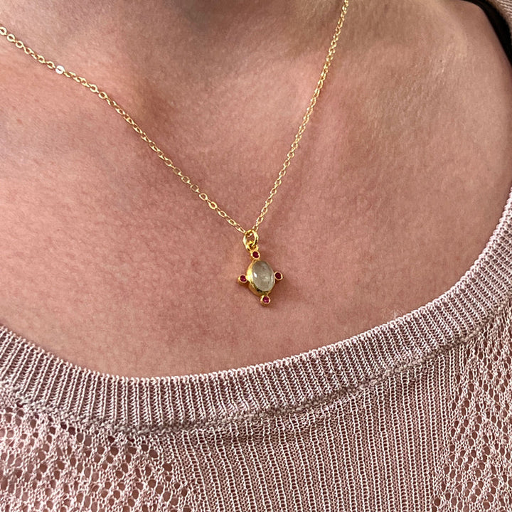 Serena Prehnite & Pink Zircon Pendant On Short Simple Chain Necklace