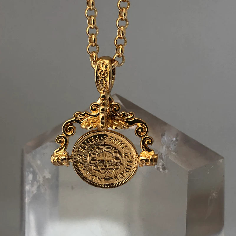 Victorian Spinner Coin Charm Pendant On Baby Belcher Chain Necklace