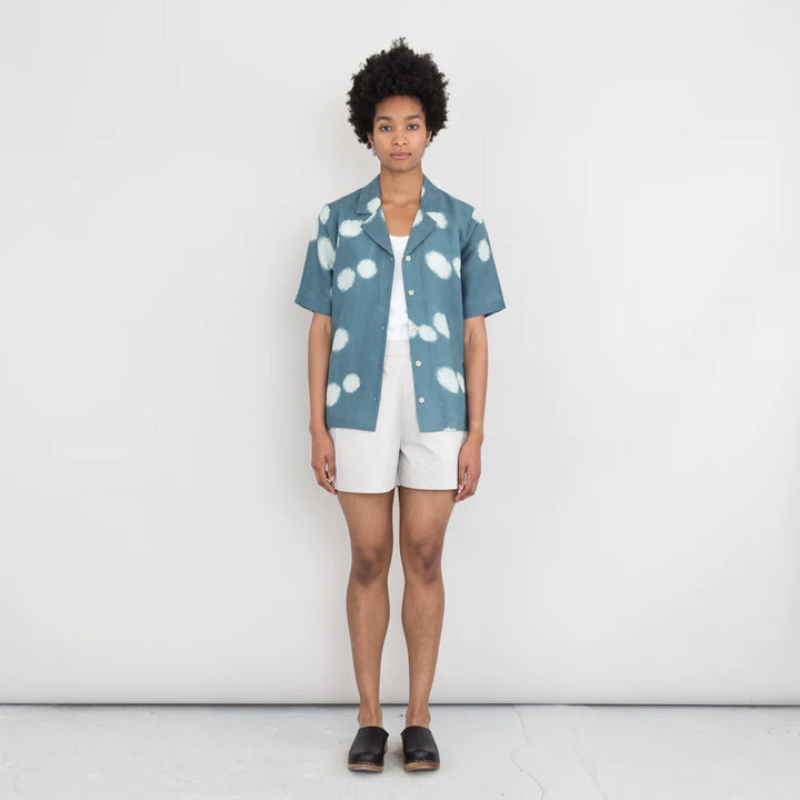 SS Soft Collar Shirt - Indigo Woad Dot Print - Frontiers Woman