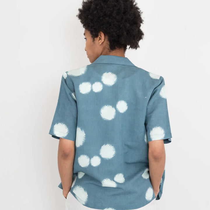 SS Soft Collar Shirt - Indigo Woad Dot Print - Frontiers Woman